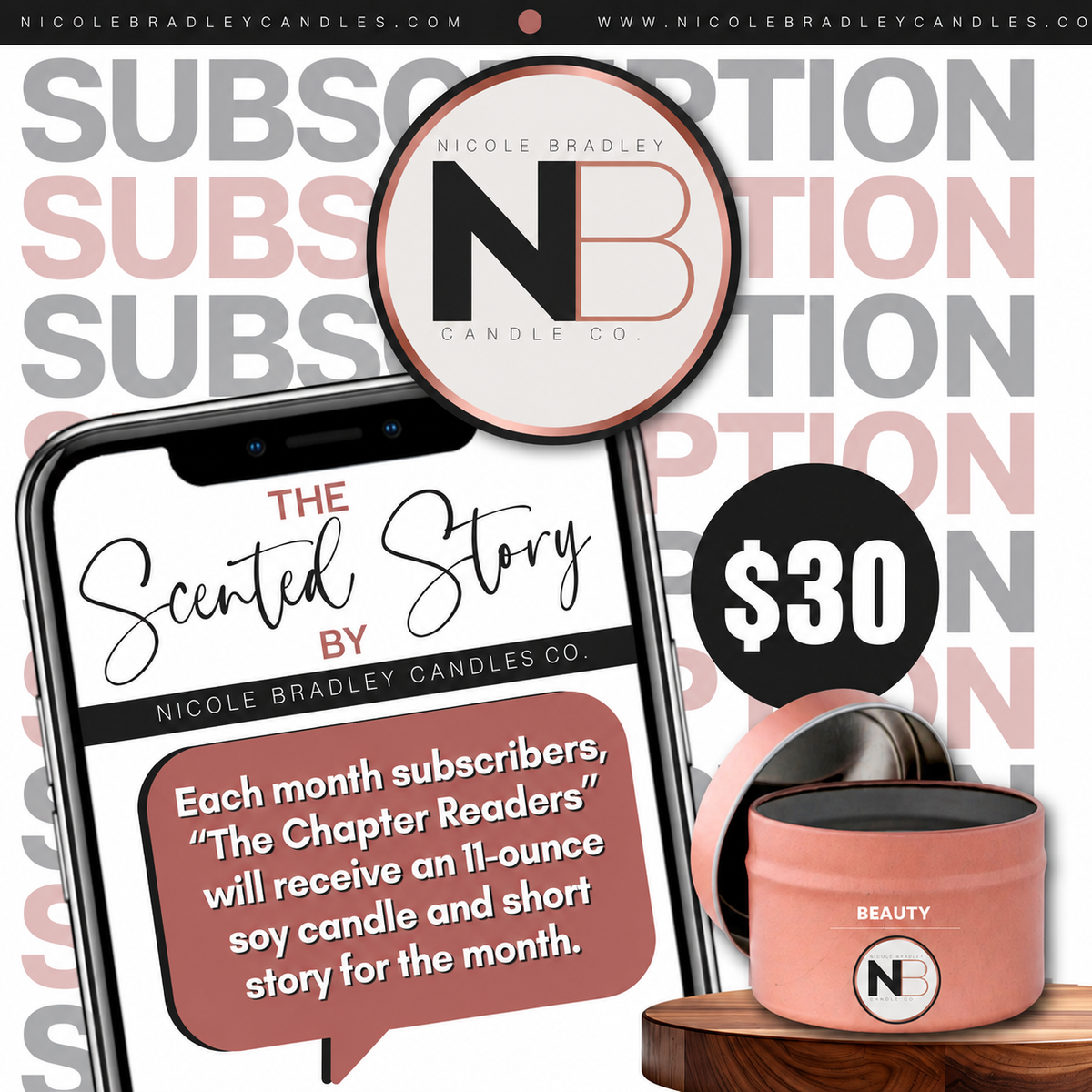 Nicole Bradley Candles "The Scented Story Monthly Candle Subscription"