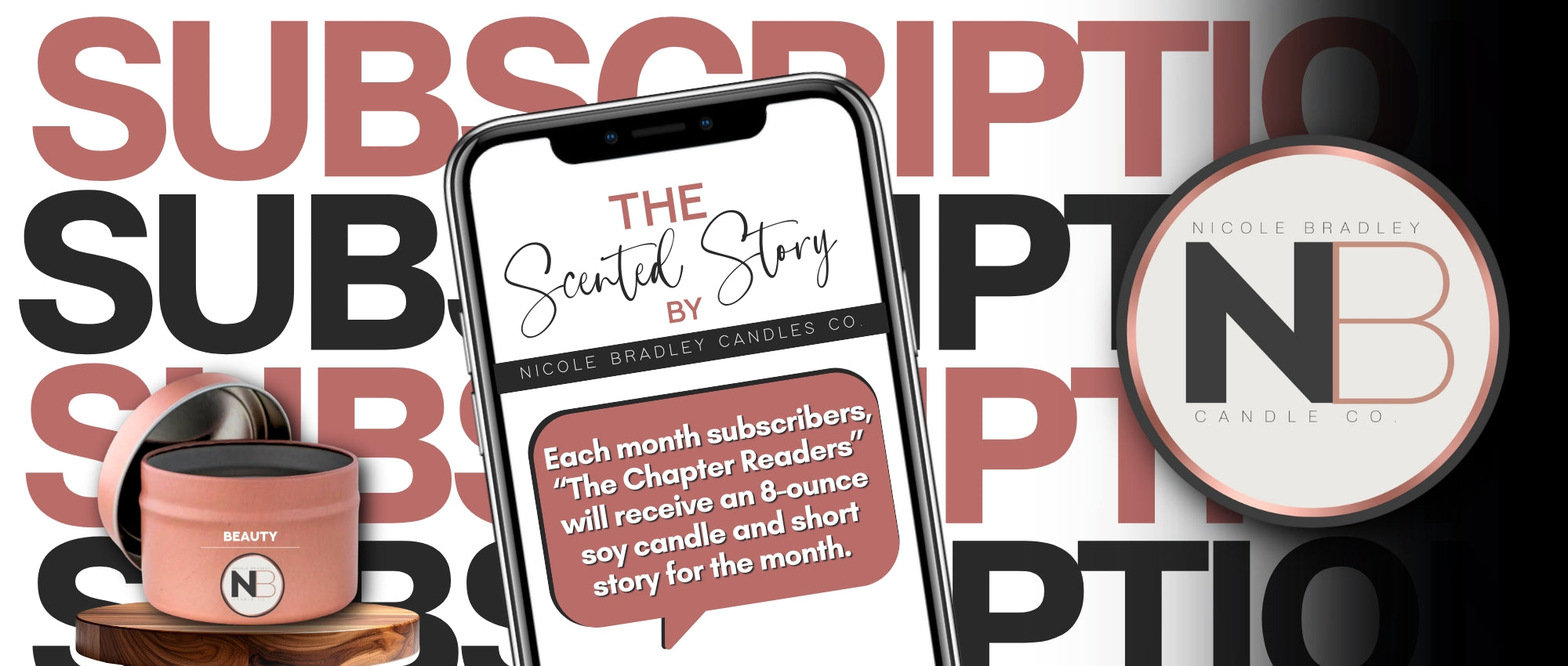 The Scented Story monthly candle subscription by Nicole Bradley Candle Co featuring hand-poured soy candles.